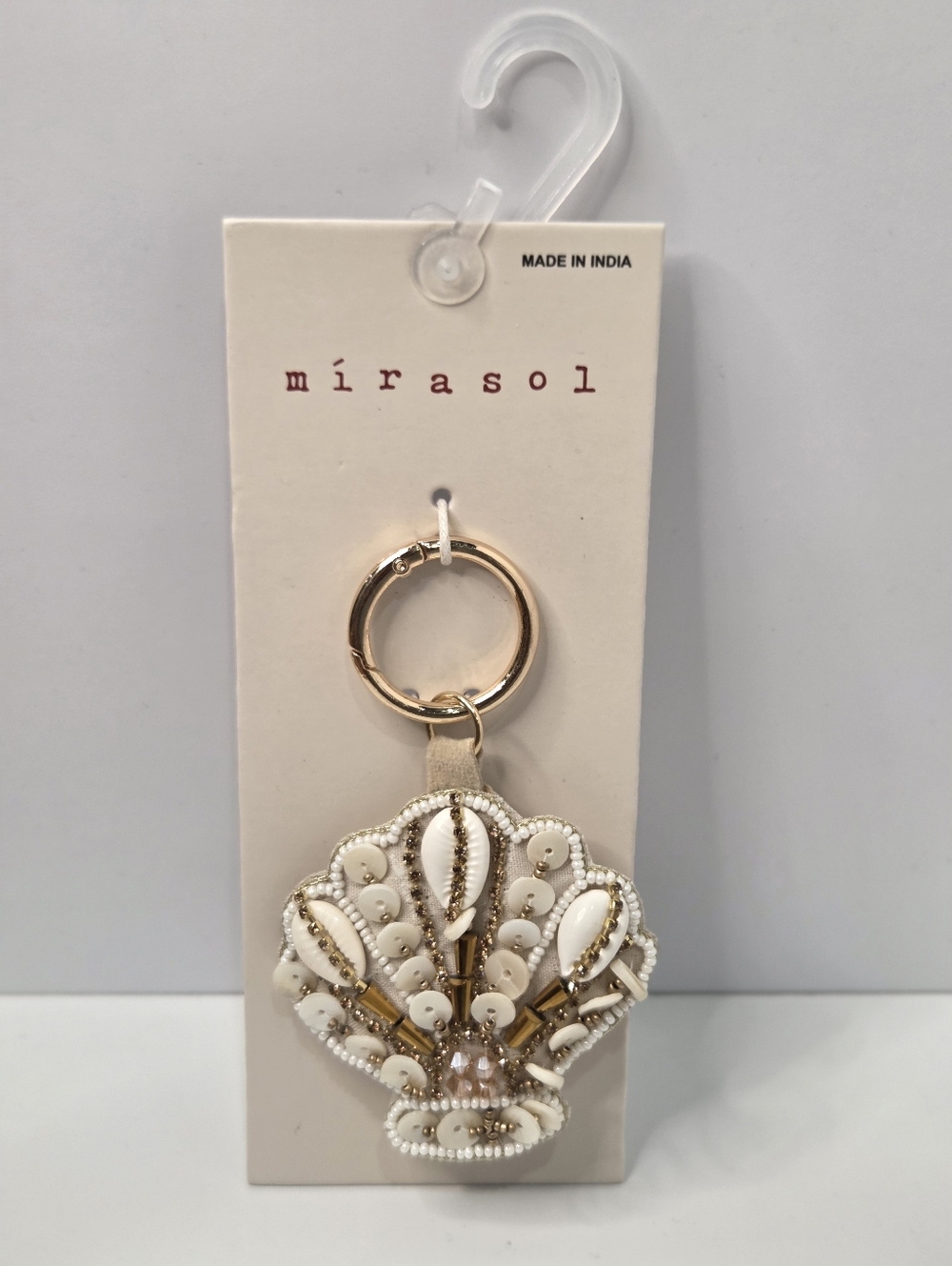 🤍🔹️Mirasol 🔹️"Uk Tk Maxx "White & Gold Beaded Shell Keyring Bag India  Charm